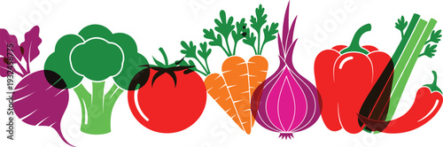 Fresh Vegetable Illustration Set with Beetroot, Broccoli, Tomato, Carrot, Red Onion, Bell Pepper, Celery, and Chili Pepper Icons