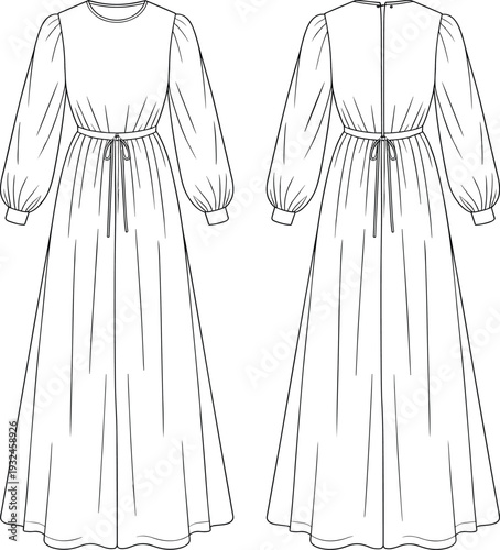 Front and back view of maxi dress fashion sketch, technical cad drawing, long sleeve gown, flat vector, dress design template