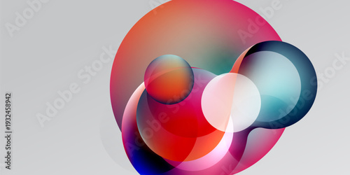 Abstract circles overlap, creating vibrant color blends. Red, blue, cyan hues dominate against dark background. Smooth gradients present modern design.