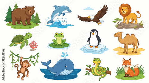 Vibrant jungle animals cartoon collection featuring animals, jungle, wildlife, creatures, and cartoon characters in a lively eps illustration