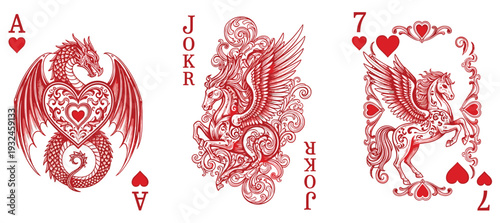 Vintage Red Playing Cards with Dragon, Joker and Pegasus Fantasy Engraving Style Casino Vector Illustration Set