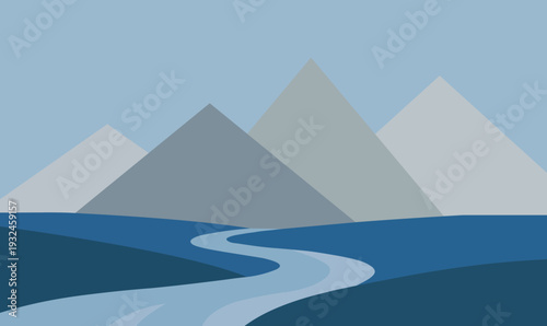 Snowy mountain range with winding river in valley scenic landscape flat design vector illustration