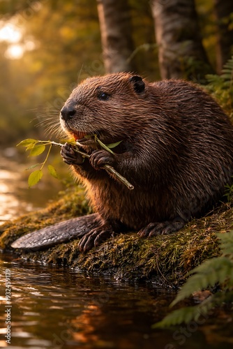 Beaver Eating a Branch by a Stream at Sunset animal wildlife