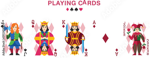 Playing Cards Set with Jack Queen King Ace and Joker Characters Diamond Suit Casino Game Vector Illustration
