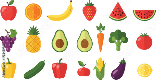 Fresh Fruits and Vegetables Collection with Apple Banana Strawberry Watermelon Avocado Carrot Broccoli and More Vector Illustration Set