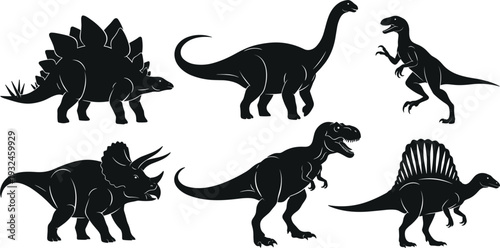 Black Dinosaur Silhouette Icon Set Including Tyrannosaurus Rex Triceratops and Brachiosaurus for Educational Prehistoric World Graphics Museum Exhibits and Childrens Design Projects