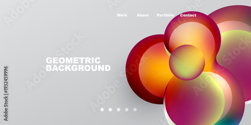 Abstract design features vibrant overlapping circles. Gradient colors blend with dark background, text elements present. Minimalist aesthetic.