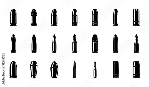 Various Bullet and Cartridge Silhouette Vector Set with Different Caliber Ammunition Types for Military, Defense, Shooting Sports, and Tactical Equipment Design