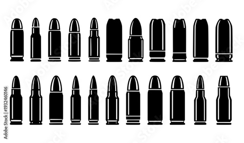 Handgun and Rifle Bullet Cartridge Silhouette Set with Different Caliber Ammunition Types Isolated for Military, Defense, Shooting Range, and Tactical Vector Design