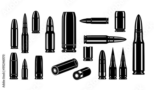 Bullet Cartridge Vector Set with Different Caliber Ammunition Shells and Gun Rounds Isolated for Military, Defense, Shooting Sports, and Tactical Design