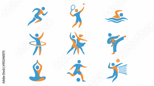 Vector Modern Motion Sports Icons | Running, Tennis, Swimming, Soccer, Volleyball, Martial Arts, Dance, Meditation, Hula Hoop | Dynamic Blue-Orange Minimalist Design Set
