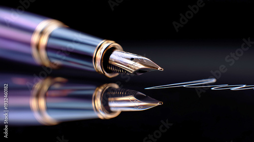 Macro close up of a fountain pen nib resting on a dark reflective surface with signature reflection symbolizing luxury business correspondence and professional success