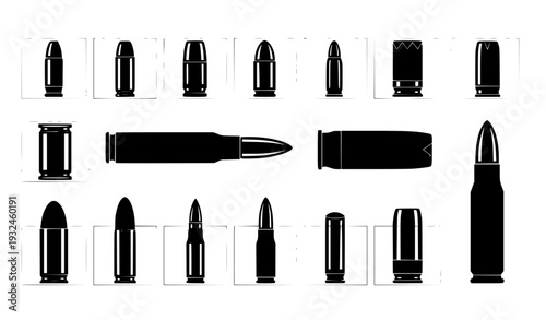 Bullet and Ammunition Icon Set with Various Caliber Cartridges, Handgun and Rifle Rounds, Isolated Black Silhouette Vector Collection