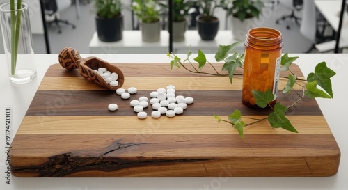 Small white pills spilled from a wooden scoop onto a striped wooden cutting board beside an amber glass bottle and green leaves