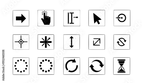 User Interface Cursor and Navigation Icon Set with Arrow Pointer, Click Hand, Refresh, Loading Spinner, Resize, and Selection Symbols