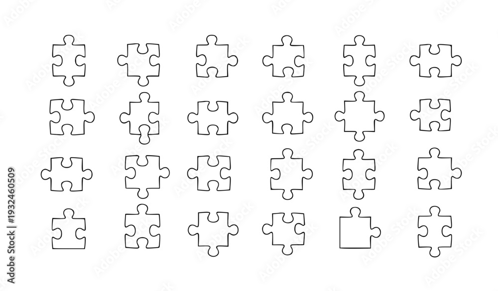 Obraz premium Puzzle Piece Outline Icon Grid with Interlocking Jigsaw Shapes for Teamwork, Problem Solving, Strategy, Integration, and Creative Business Concept Designs