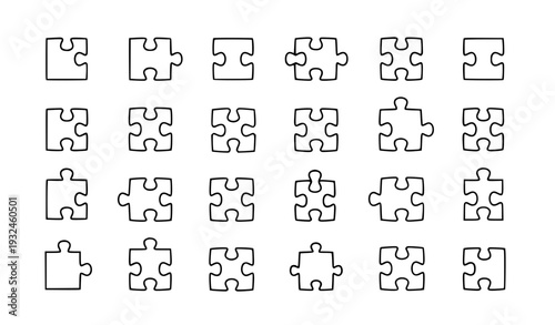 Jigsaw Puzzle Outline Icon Set with Interlocking Pieces for Teamwork, Problem Solving, Strategy Planning, Business Concepts, and Creative Design Systems