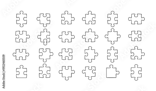 Puzzle Piece Outline Icon Grid with Interlocking Jigsaw Shapes for Teamwork, Problem Solving, Strategy, Integration, and Creative Business Concept Designs