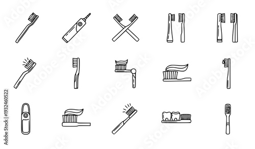 Oral Hygiene and Toothbrush Outline Icon Set with Manual and Electric Brushes, Dental Care Tools, and Cleaning Accessories for Healthcare and Bathroom Designs
