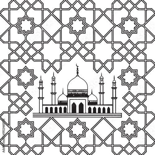 Minimal Line Art Mosque Illustration with Dome and Minaret – Islamic Architecture Outline Vector for Ramadan and Eid Design
