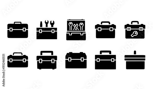 Toolbox and Repair Solid Icon Set with Tool Storage Boxes, Wrench, Screwdriver, and Maintenance Equipment for Construction, Workshop, and Service Designs