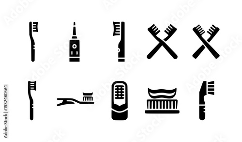 Dental Hygiene Icon Set with Toothbrushes, Electric Toothbrush, Toothpaste, and Oral Care Symbols for Dentistry, Healthcare, and Bathroom Design Use