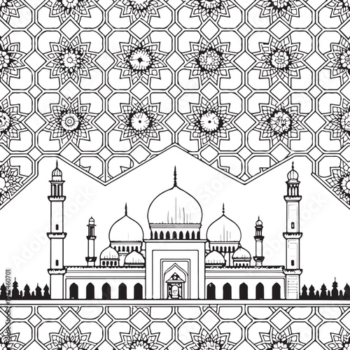 Minimal Line Art Mosque Illustration with Dome and Minaret – Islamic Architecture Outline Vector for Ramadan and Eid Design