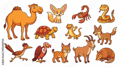 Cartoon animals set in a desert landscape featuring camel, fox, and various wildlife in a playful illustration