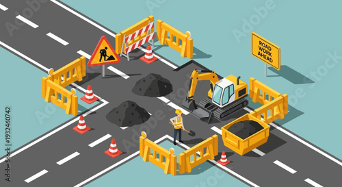 Road Construction and Repair Site with Excavator, Barriers, and Work Ahead Sign