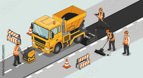 Road construction, paving and repair work with specialized equipment and construction workers