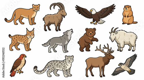 Wildlife Cartoon Collection Featuring Mountain Animals in a Natural Setting