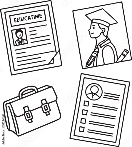 Minimal Line Icon Set of Resume, Profile, Education and Documents - Black and White Outline Business Icons Collection