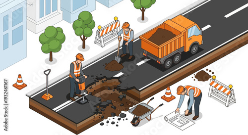 Construction workers repairing a road with heavy machinery and tools in an isometric illustration