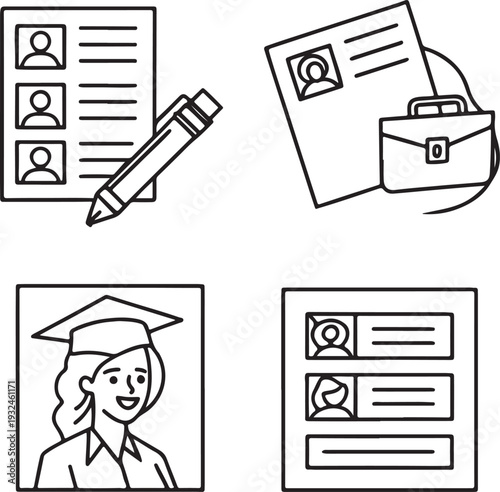 Minimal Line Icon Set of Resume, Profile, Education and Documents - Black and White Outline Business Icons Collection