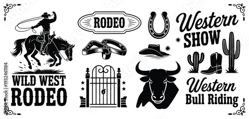 Vintage Wild West rodeo graphics set featuring western show icons with lasso cowboy silhouette and rustic design pack for retro event posters and flat vector.