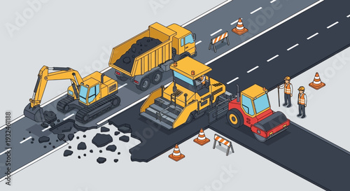 Construction and road work isometric illustration featuring heavy machinery, workers and traffic cones