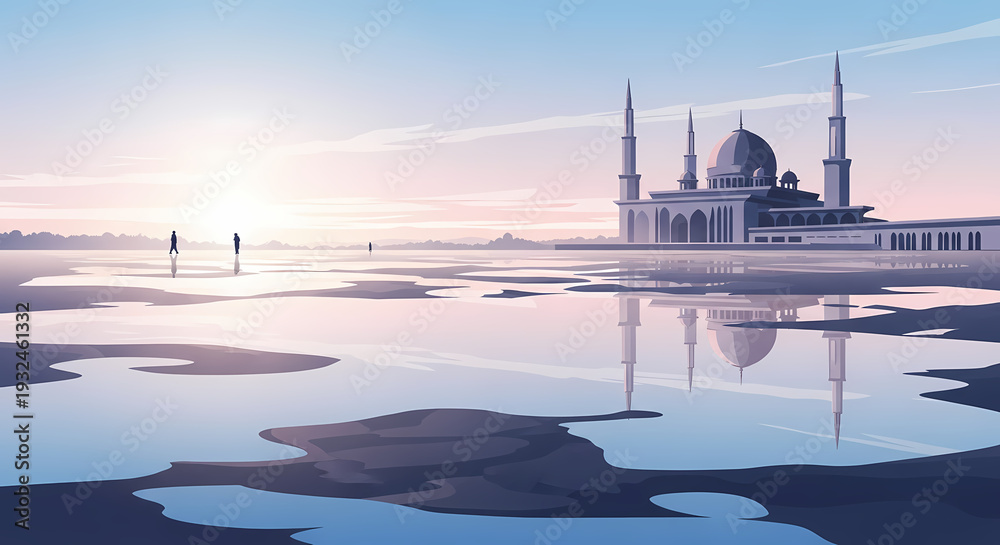 Fototapeta premium A serene sunrise over a grand mosque with multiple domes and minarets, perfectly reflected in calm waters, creating a peaceful and spiritual landscape.