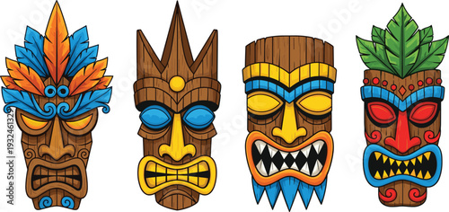 Traditional Polynesian Tiki Mask Illustration Set with Hand-Drawn Wooden Tribal Totems, Exotic Hawaiian Culture Decorative Icons