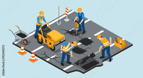 Road construction and repair work with workers using machinery and tools