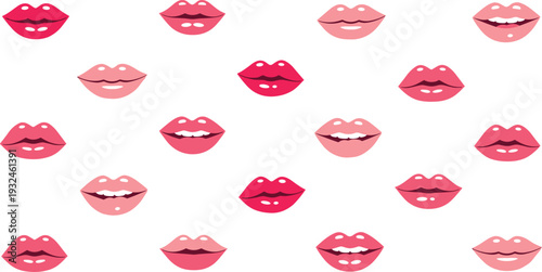 Glossy Pink and Red Lips Collection with Different Shapes Makeup Styles and Expressions Isolated Beauty Vector Illustration Set