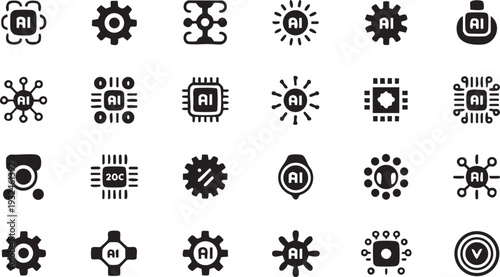 AI Automation and Artificial Intelligence Solid Black Icon Set.