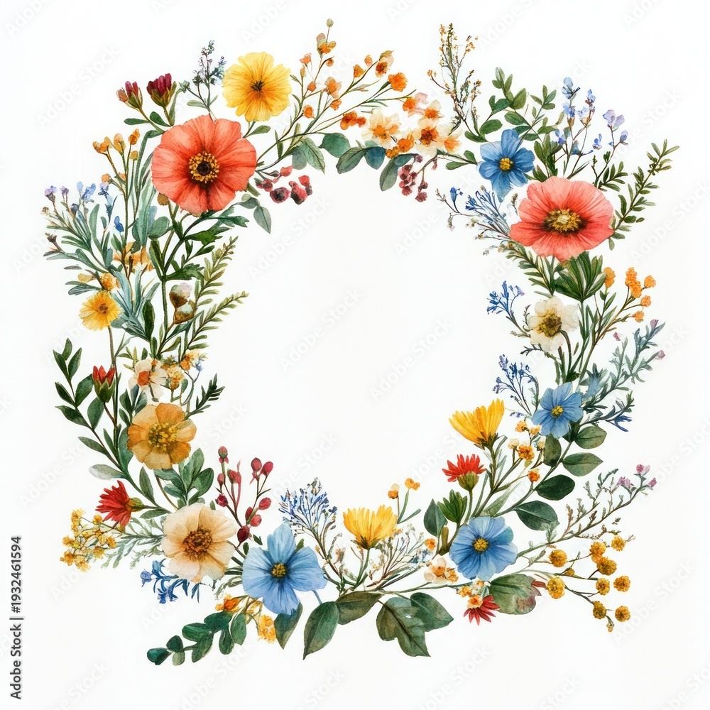 Fototapeta premium delicate watercolor floral wreath frame of red, yellow, and blue wildflowers with green foliage forming a square border, fresh and cheerful
