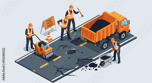 Road construction crew repairing a damaged asphalt street with machinery and equipment