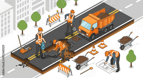 Road construction and repair in an urban environment with workers and heavy machinery
