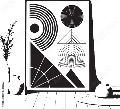 Modern Abstract Geometric Wall Art Poster in Black and White, Minimal Scandinavian Style Line Shapes Design
