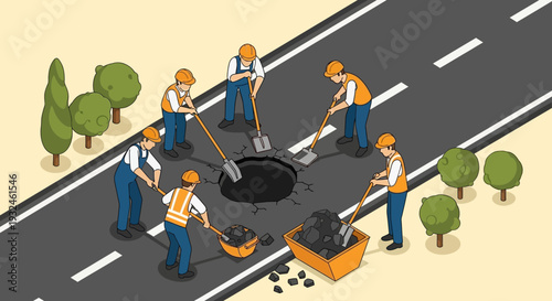 Road workers repairing a large pothole on a street with shovels and wheelbarrows