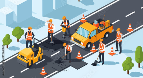 Road construction workers repairing asphalt and maintaining roads with heavy machinery and vehicles