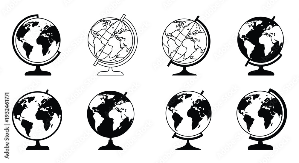 Obraz premium black and white globe icons isolated on a plain background representing global network, international business