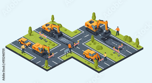 Isometric view of road construction with heavy machinery and workers