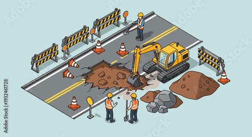 Construction workers repair a large pothole on a road with an excavator and safety barriers